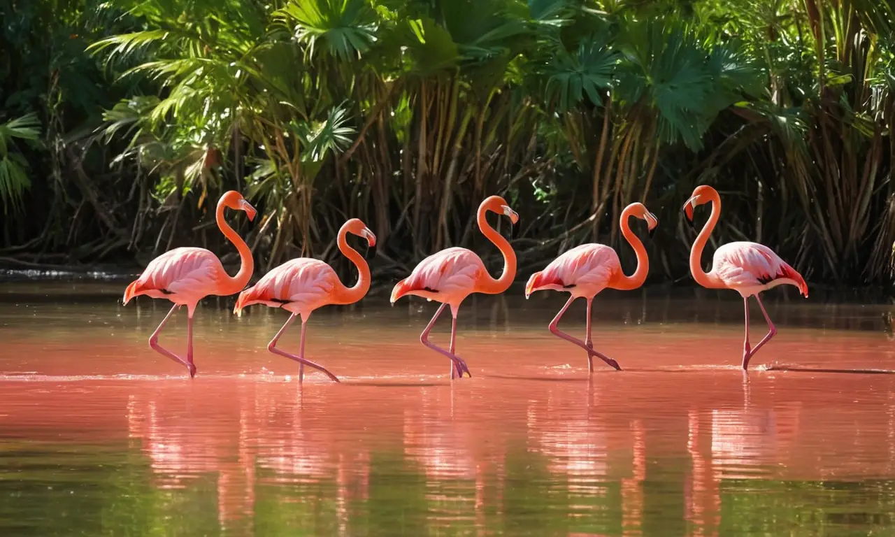 Flamencos rosas elegantes en agua brillante