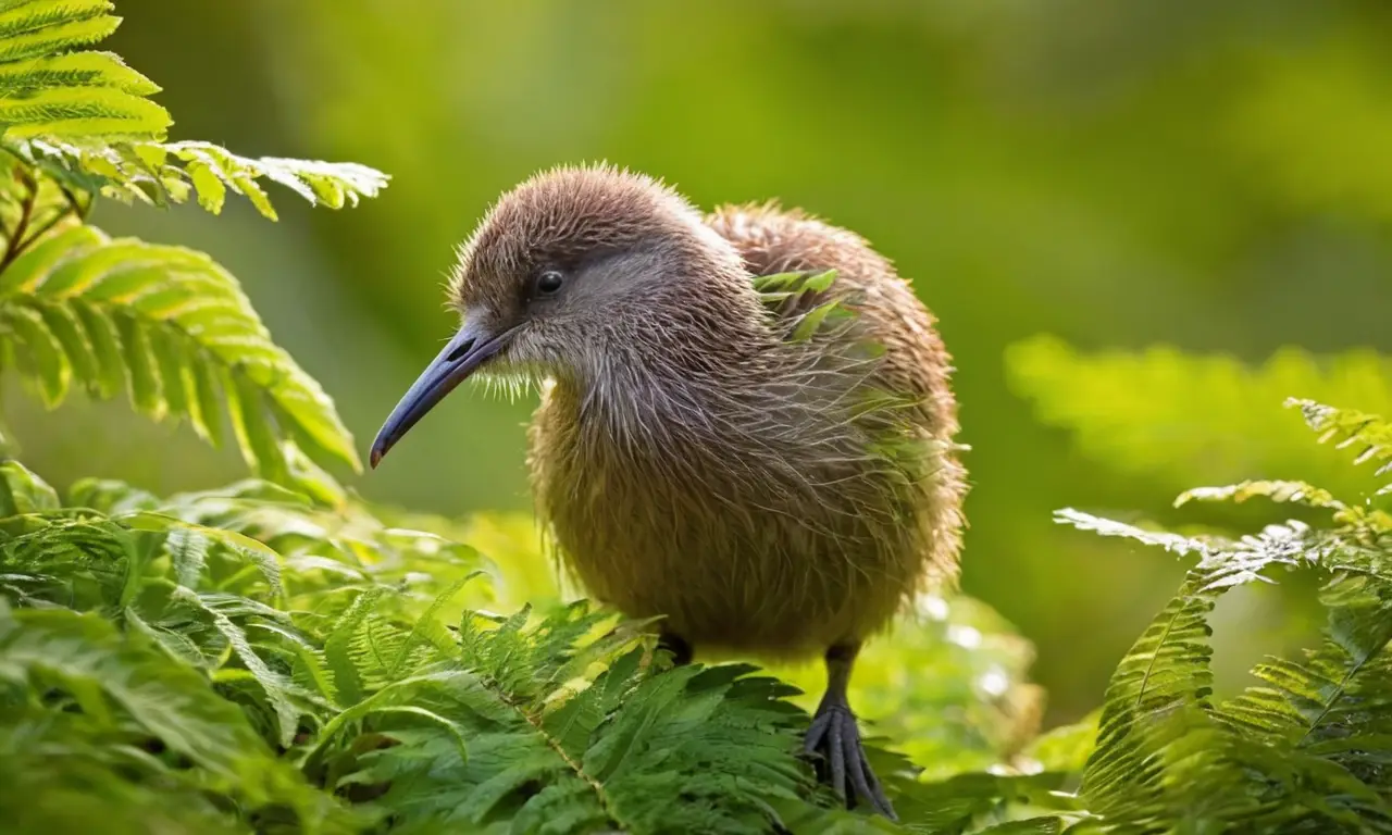 Paisaje verde con un kiwi en hábitat