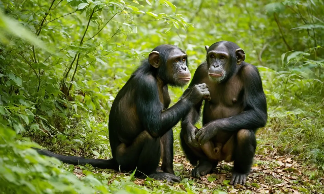 Dos chimpancés interactuando en un bosque