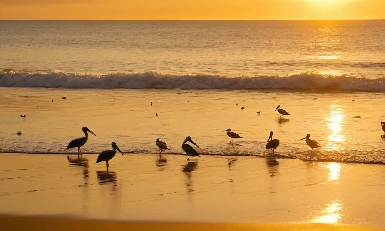 Playa soleada con aves y luz dorada