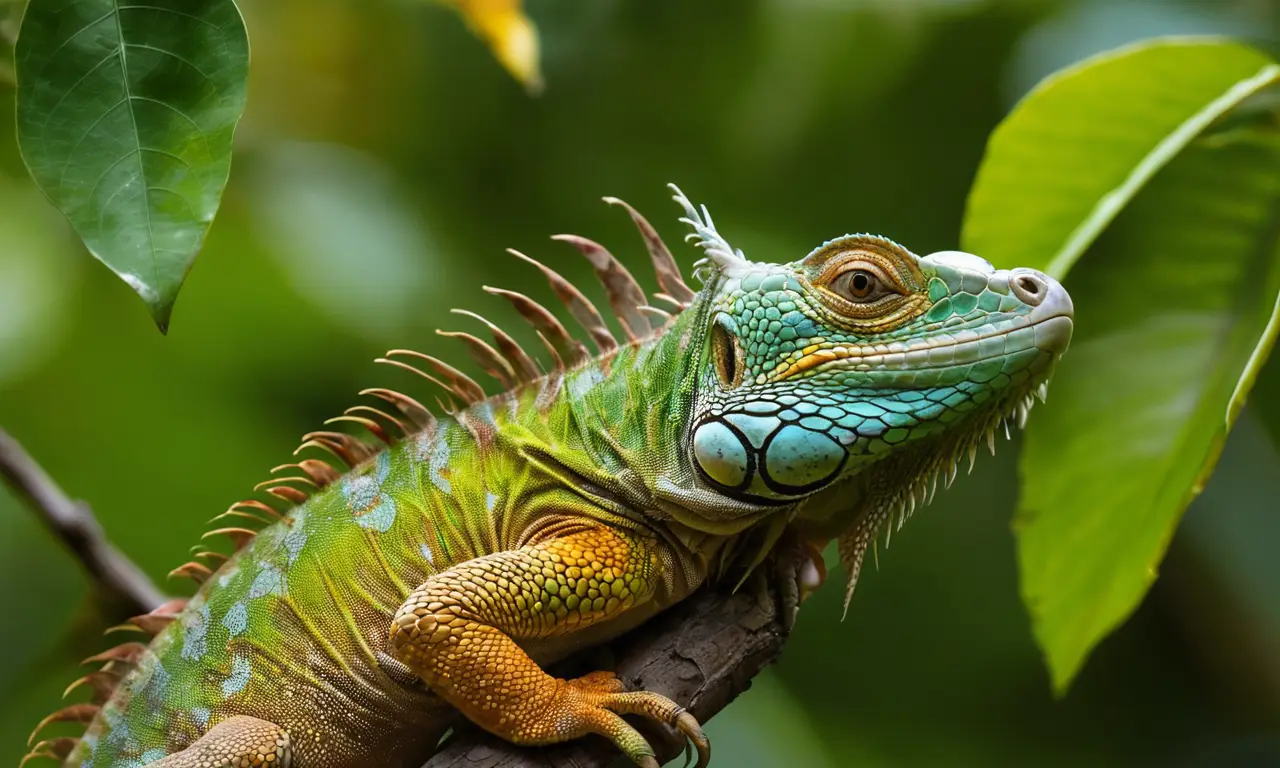 Iguana verde con frutas en rama