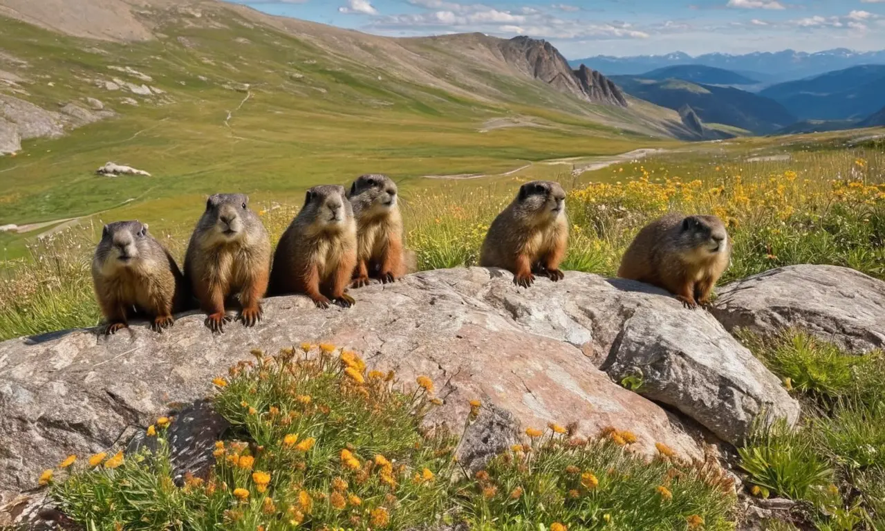 Marmotas en un paisaje montañoso y sereno