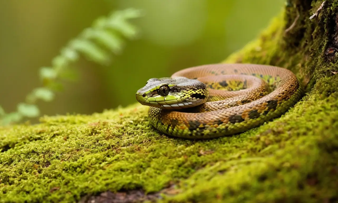 Bosque soleado con serpiente enroscada