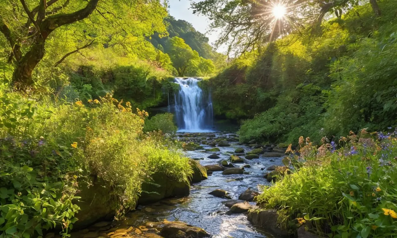 Paisaje sereno de colinas y río cristalino