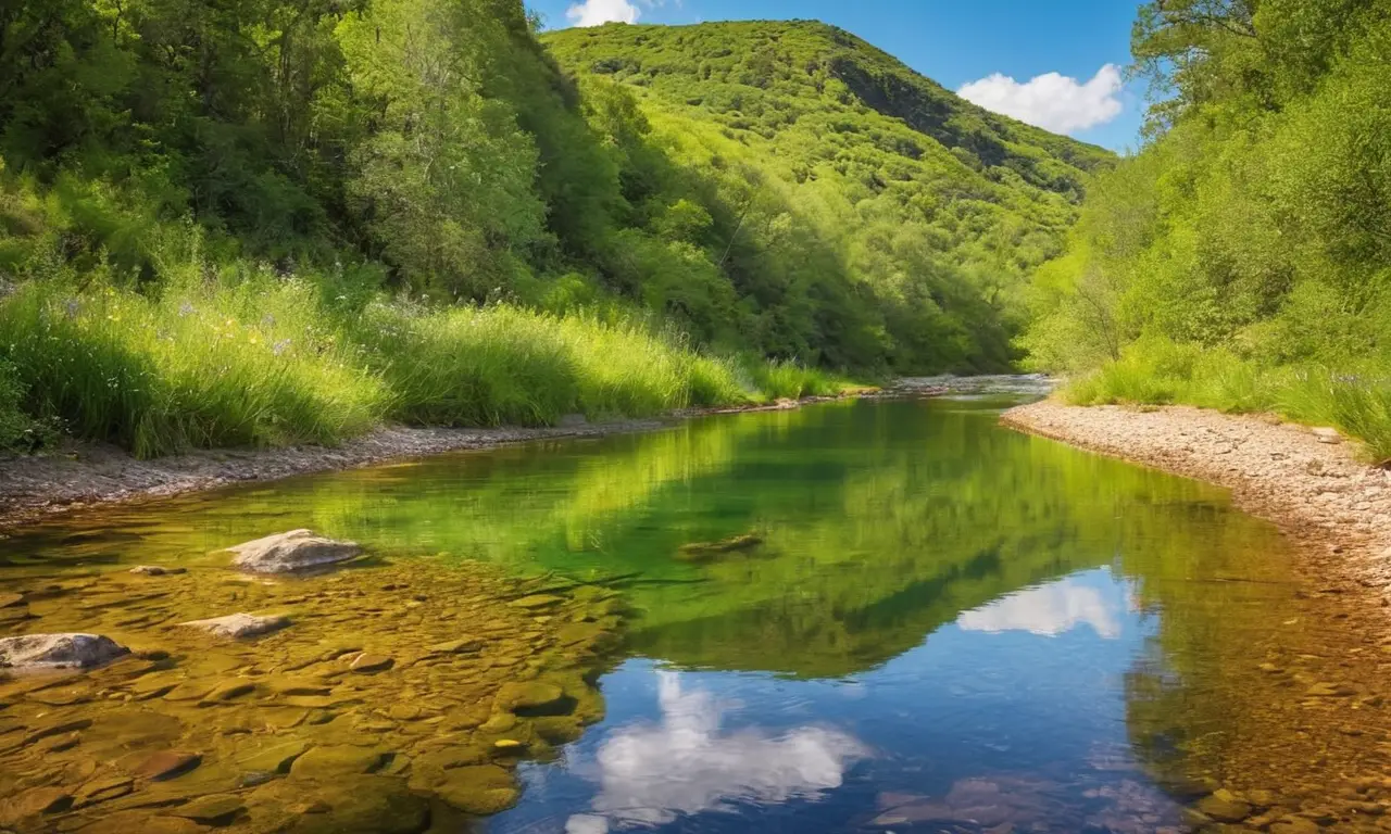 Río sereno en un valle florido