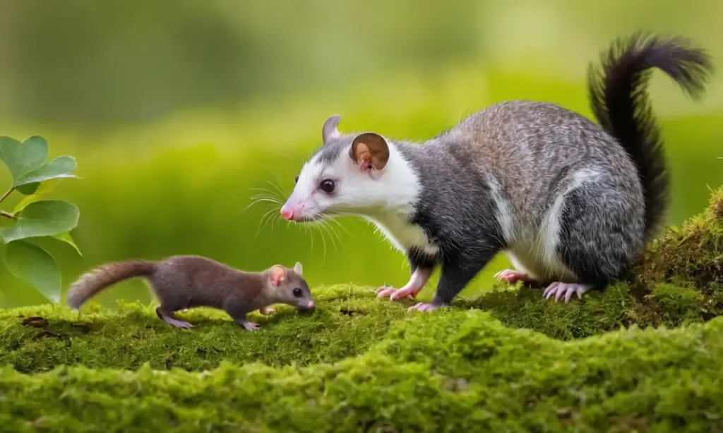 Un weasel curioso y un opossum tranquilo conviven