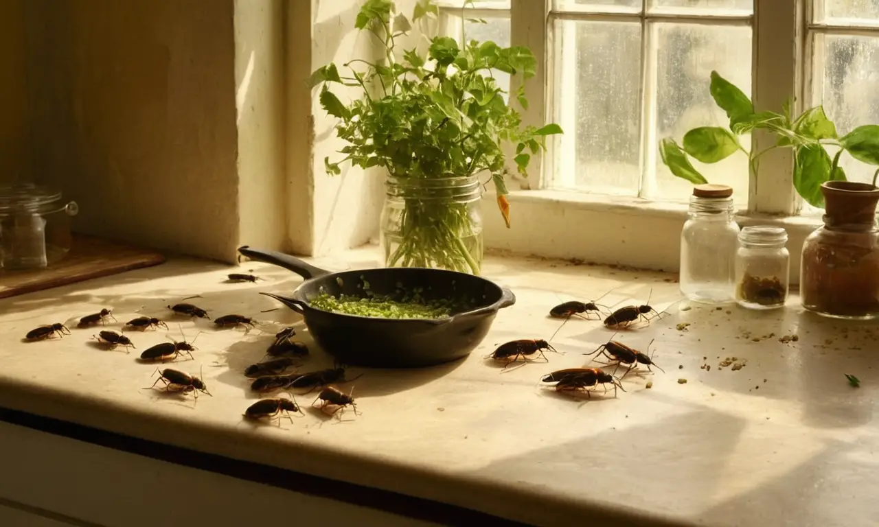 Cocina desordenada con cucarachas y luz natural