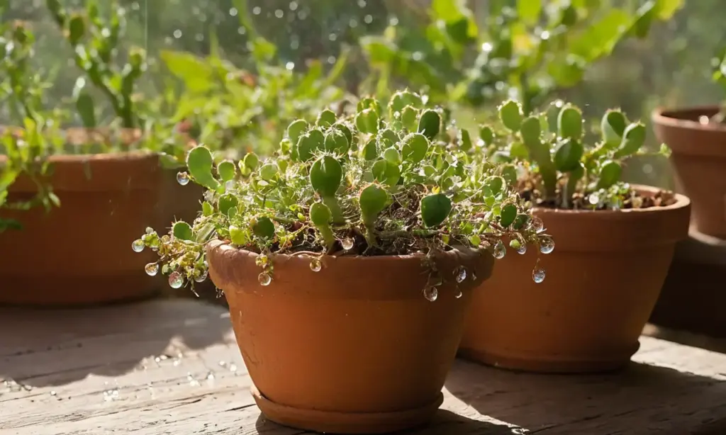 Plantas vibrantes en macetas iluminadas por sol