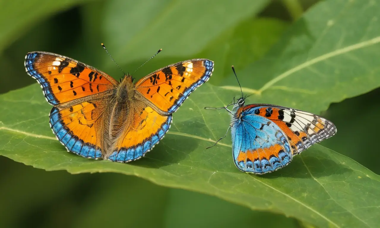 Mariposas coloridas descansan en una hoja