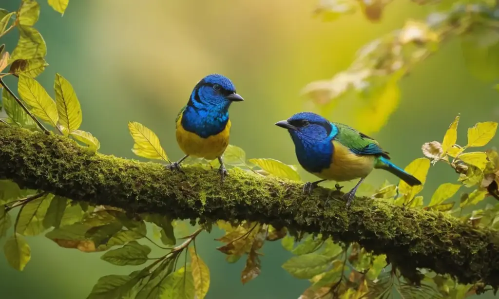 Aves coloridas en un frondoso bosque tropical