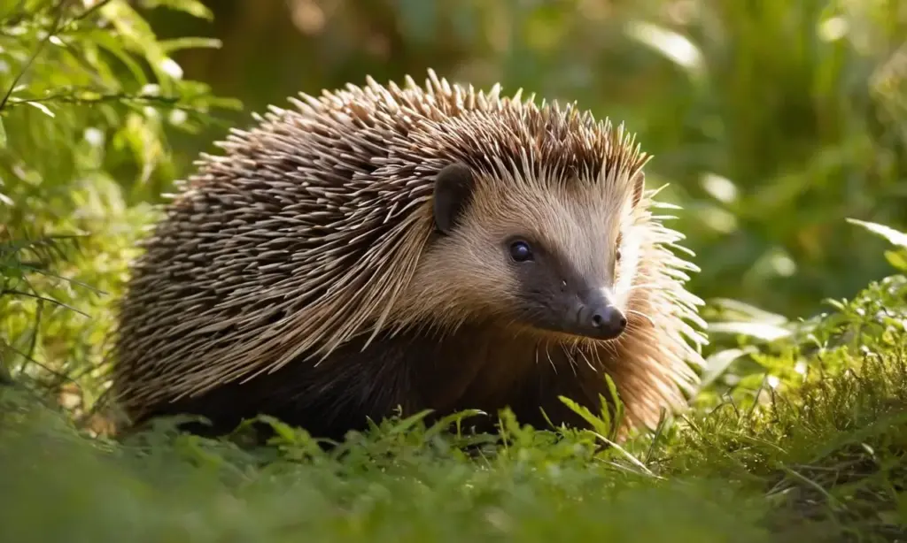 Echidna observa tranquilo entre hojas verdes