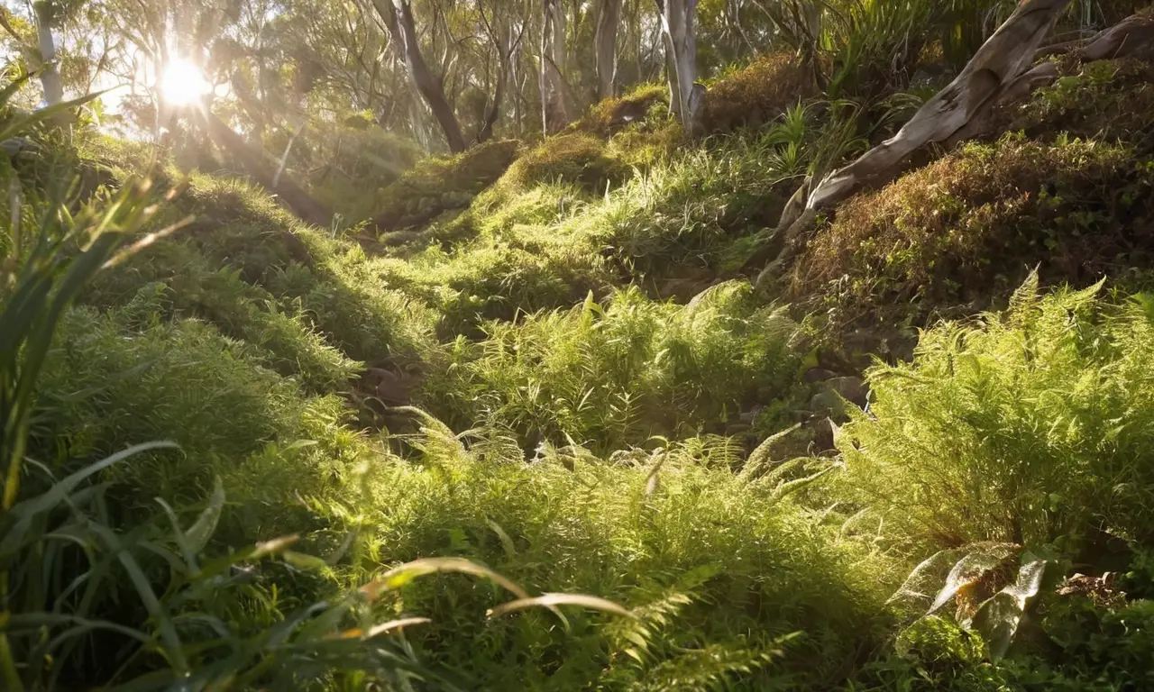Paisaje australiano con equinos en su madriguera