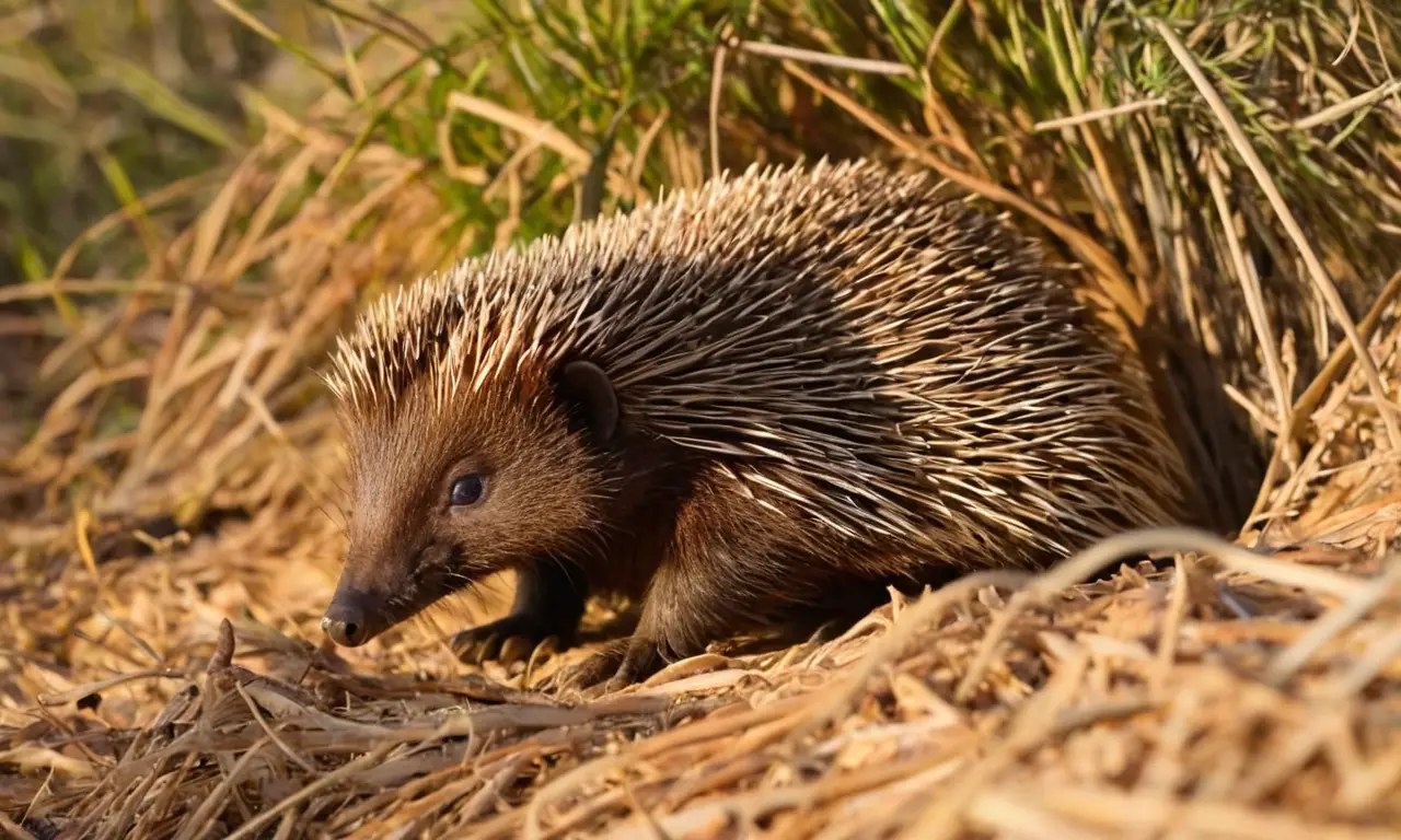 Echidna en madriguera bajo luz dorada