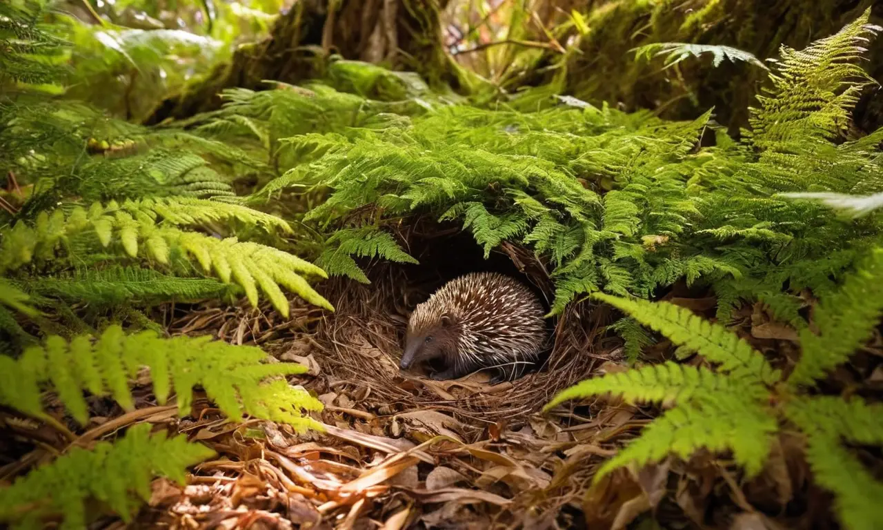 Bosque australiano con echidna y huevos