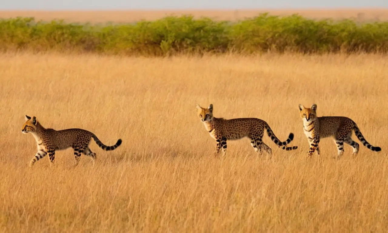 Servales acechando en una tranquila sabana