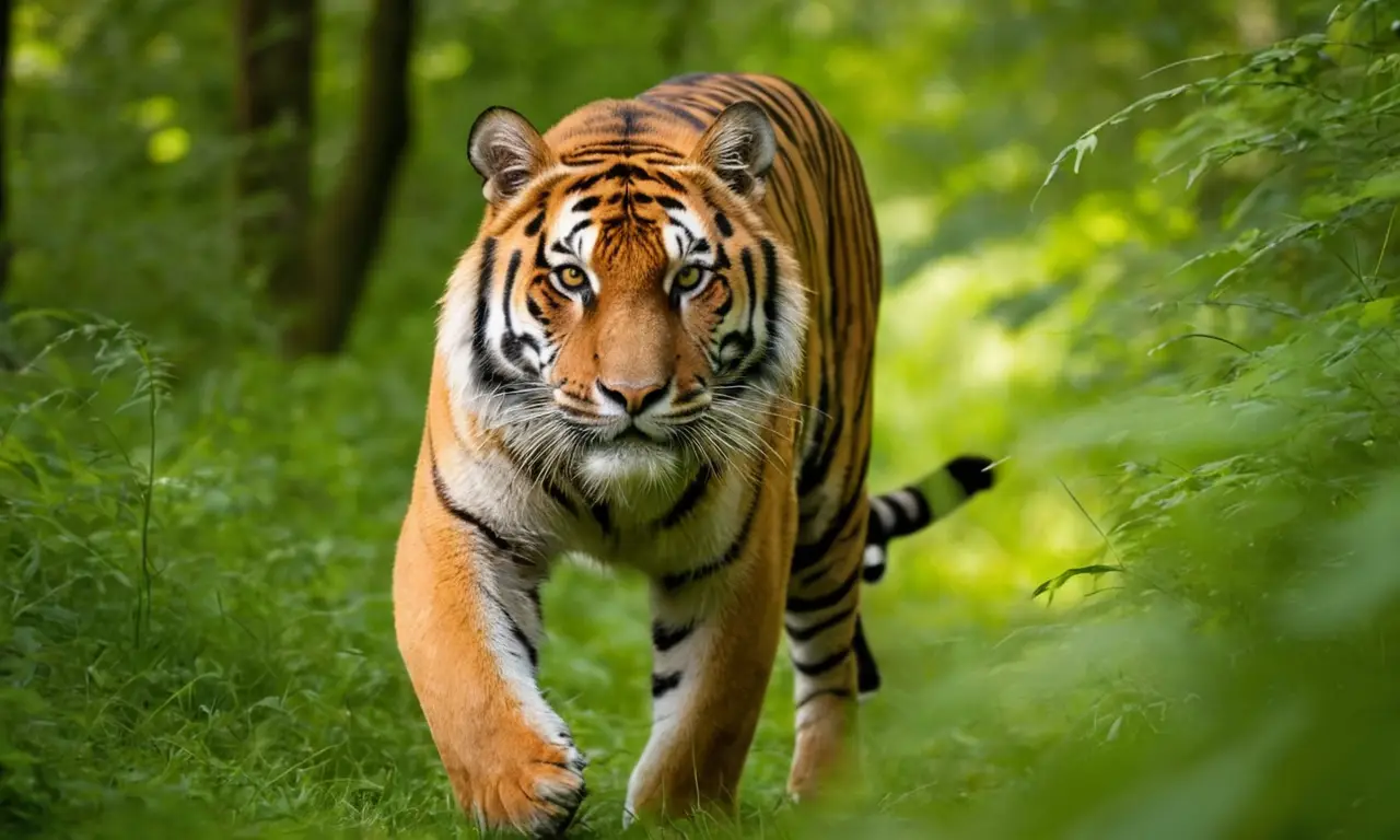 Tigre majestuoso avanza en bosque denso