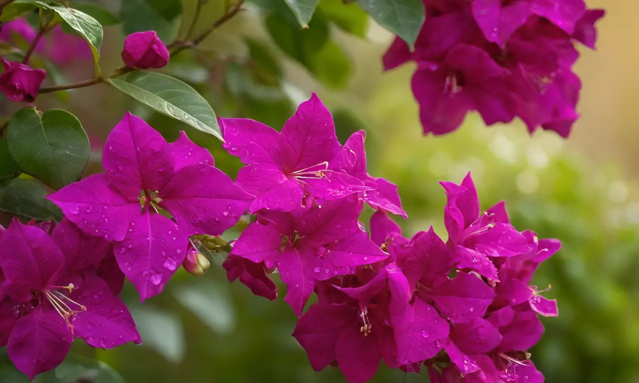 Bougainvillas moradas brillan bajo luz dorada