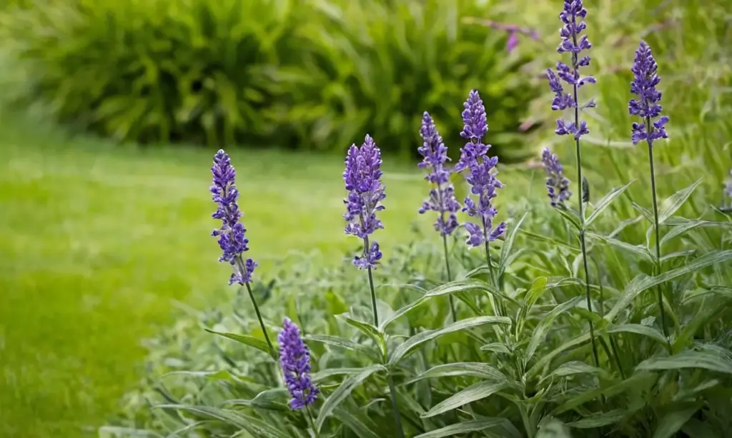 Jardín sereno con flores moradas y frescura