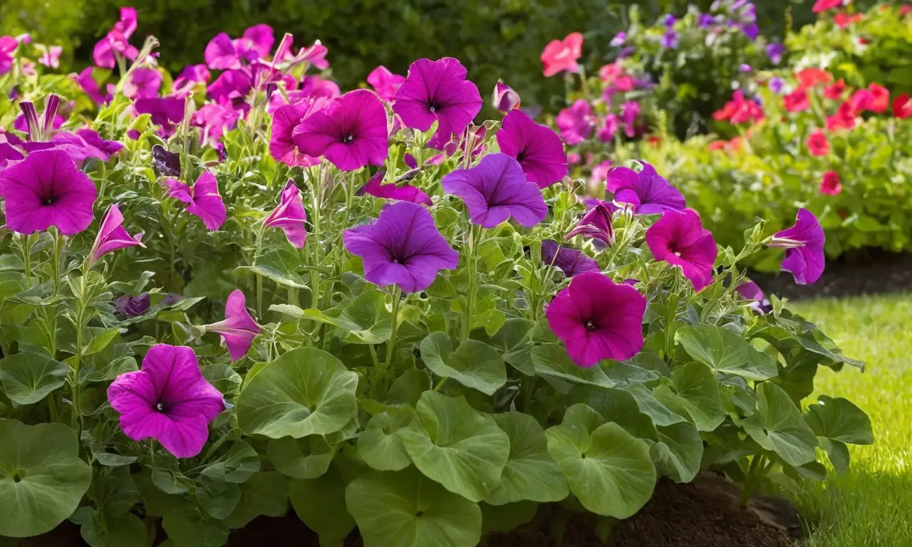 Petunias moradas vibrantes en un jardín hermoso