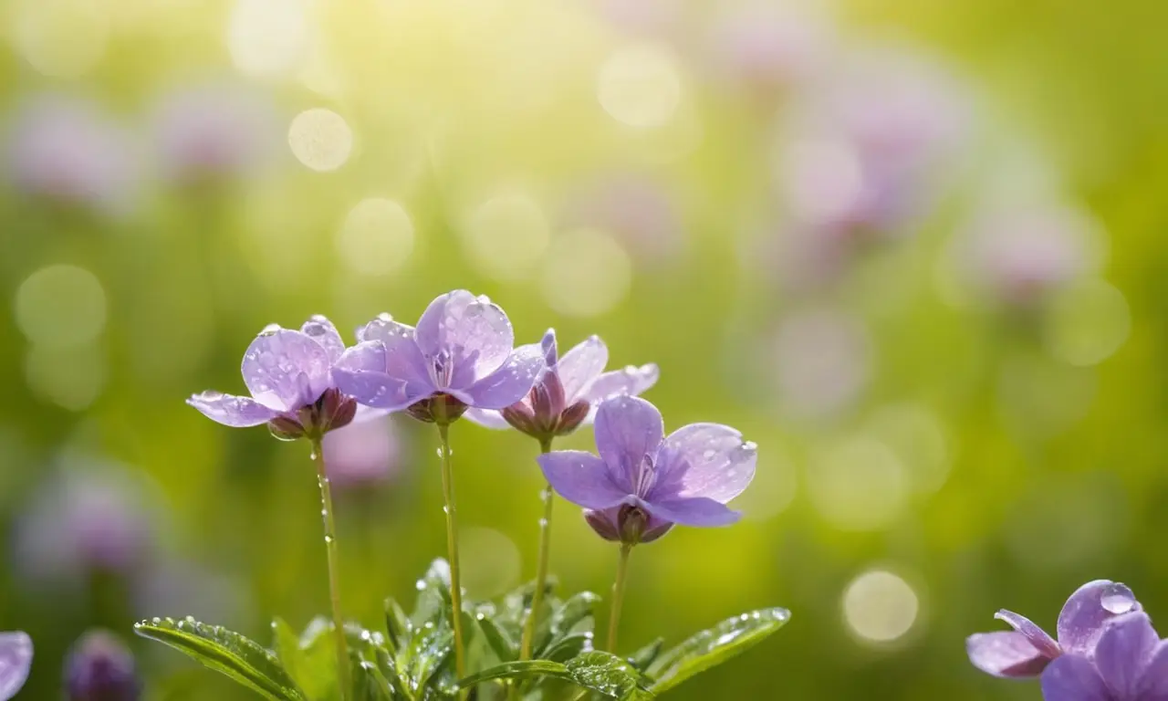Flores moradas delicadas brillando con rocío
