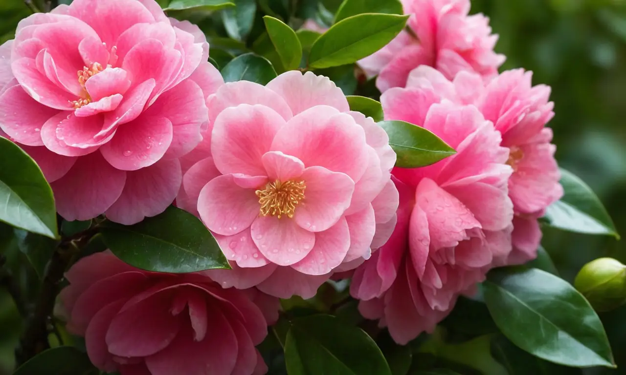 Camellias rosadas brillan entre hojas verdes