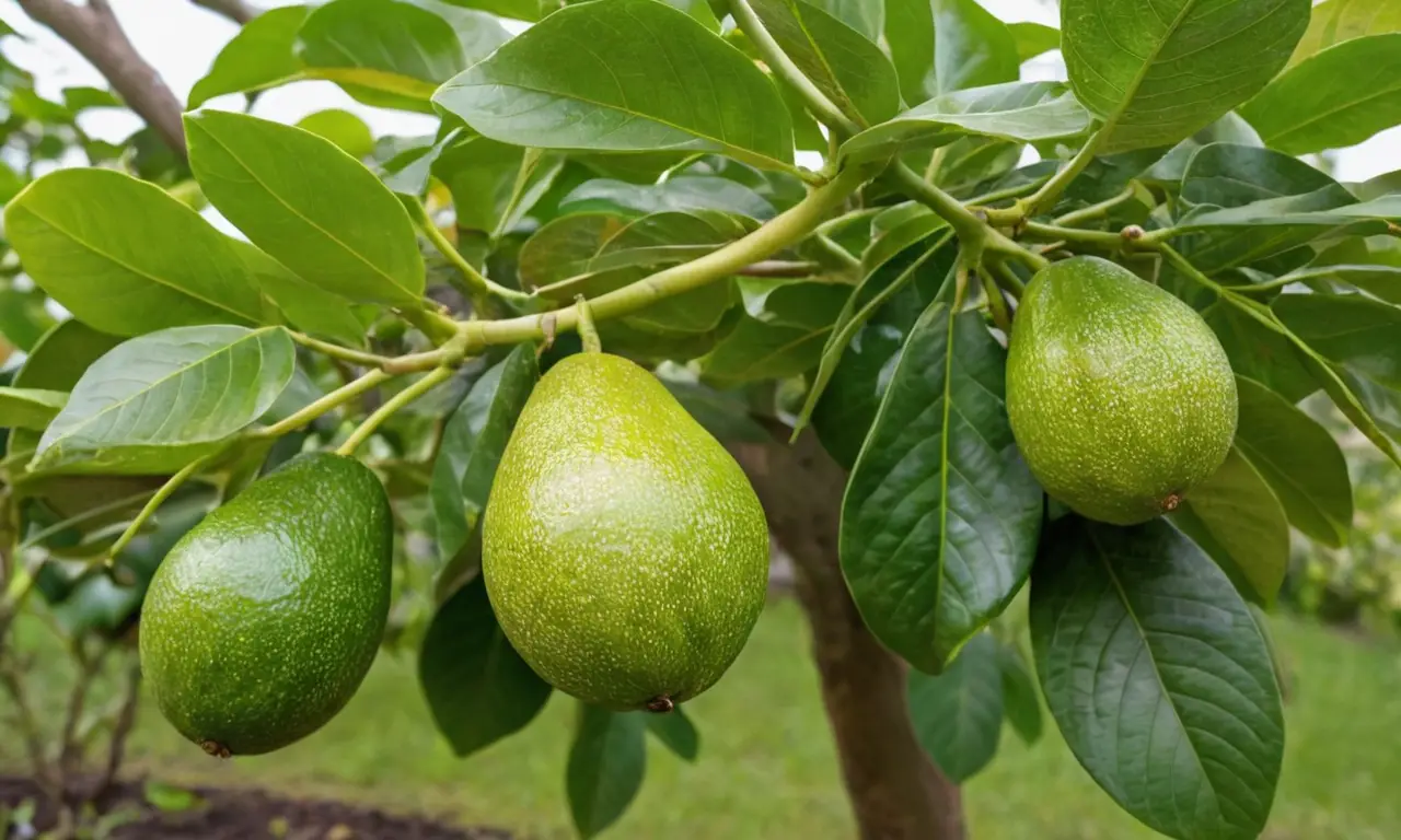 Árbol de aguacate con frutos y enfermedades