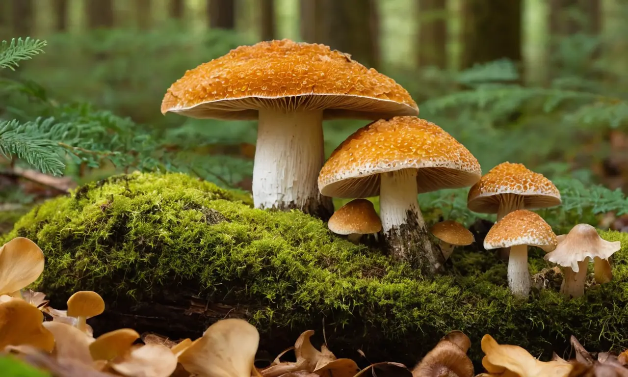 Bosque denso con diversos hongos y texturas