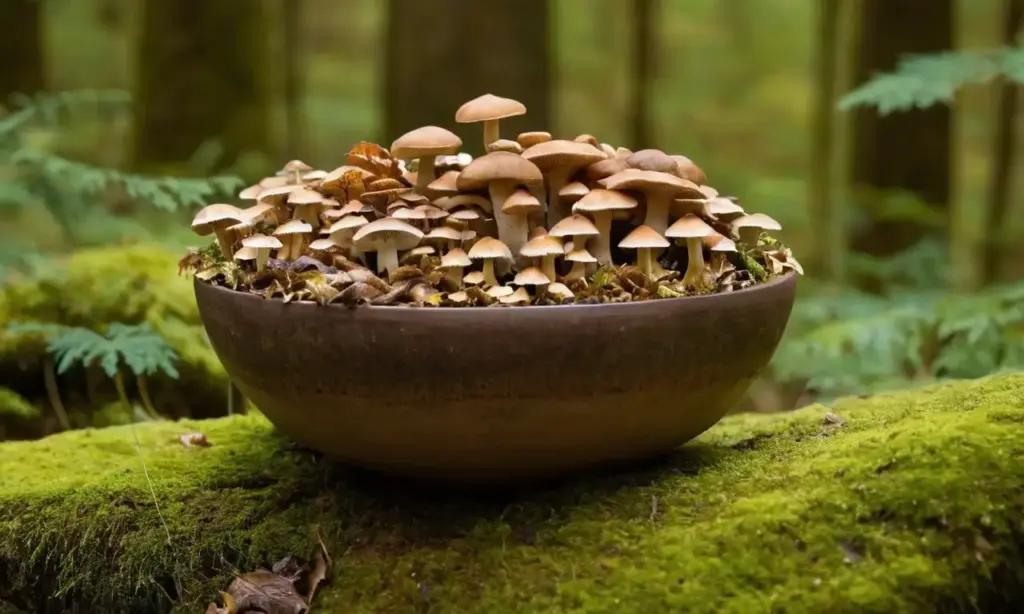 Mesita de madera con diversos hongos comestibles