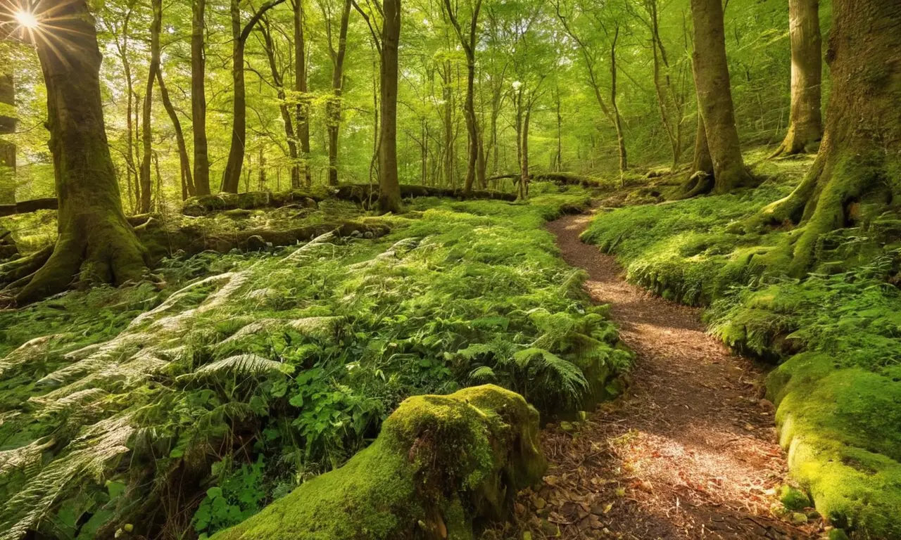 Bosque denso con luz y vida silvestre