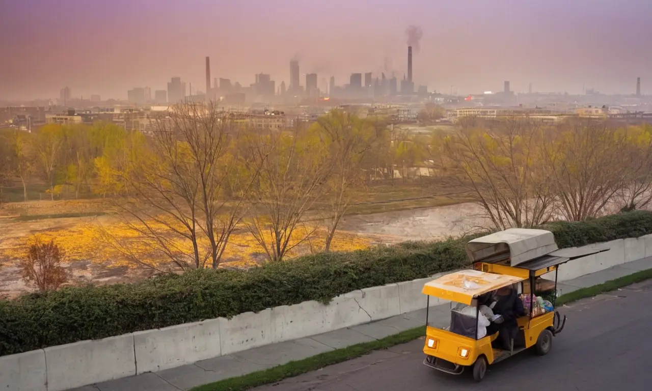 Ciudad contaminada envuelta en smog gris