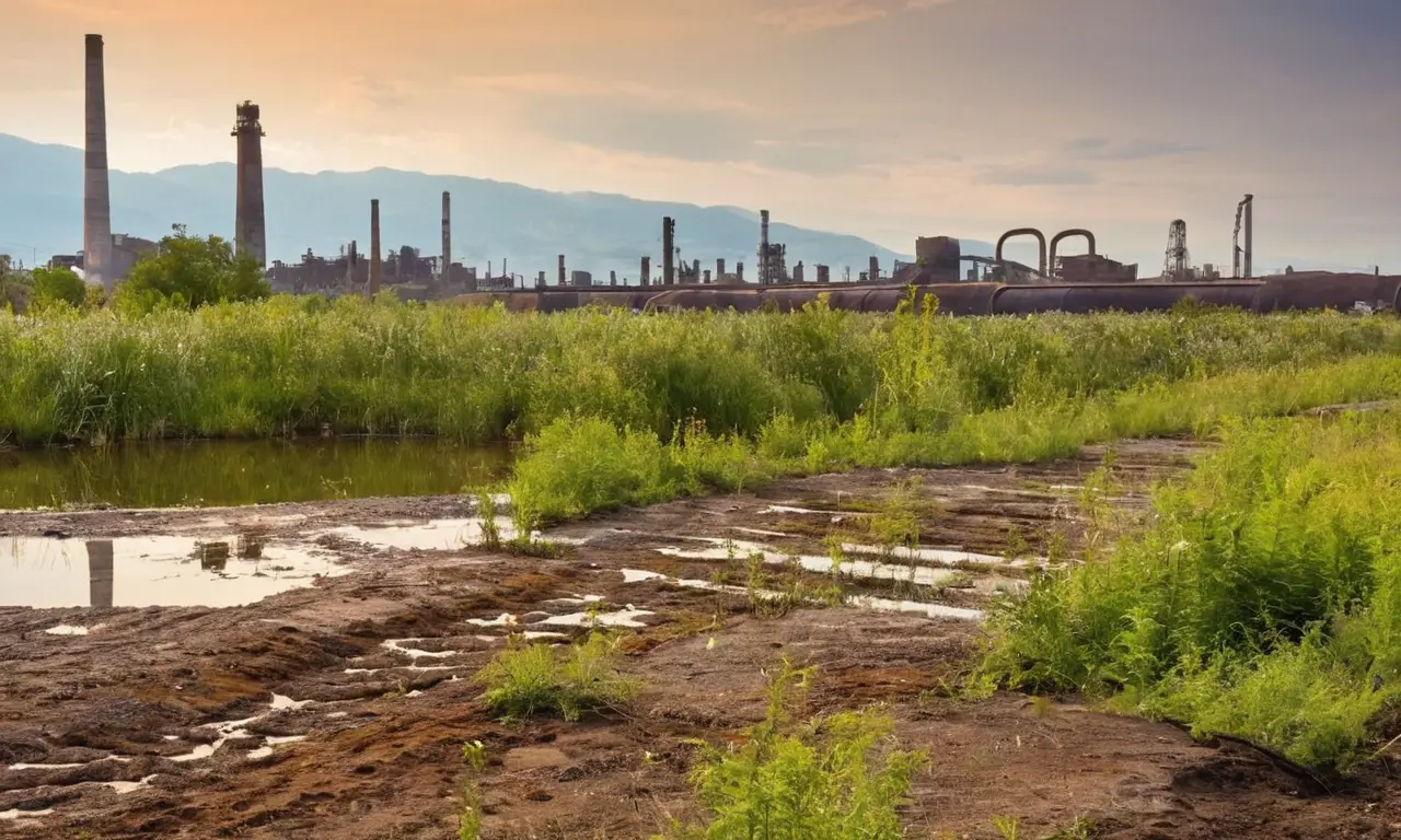 Paisaje industrial en ruinas con vida emergente