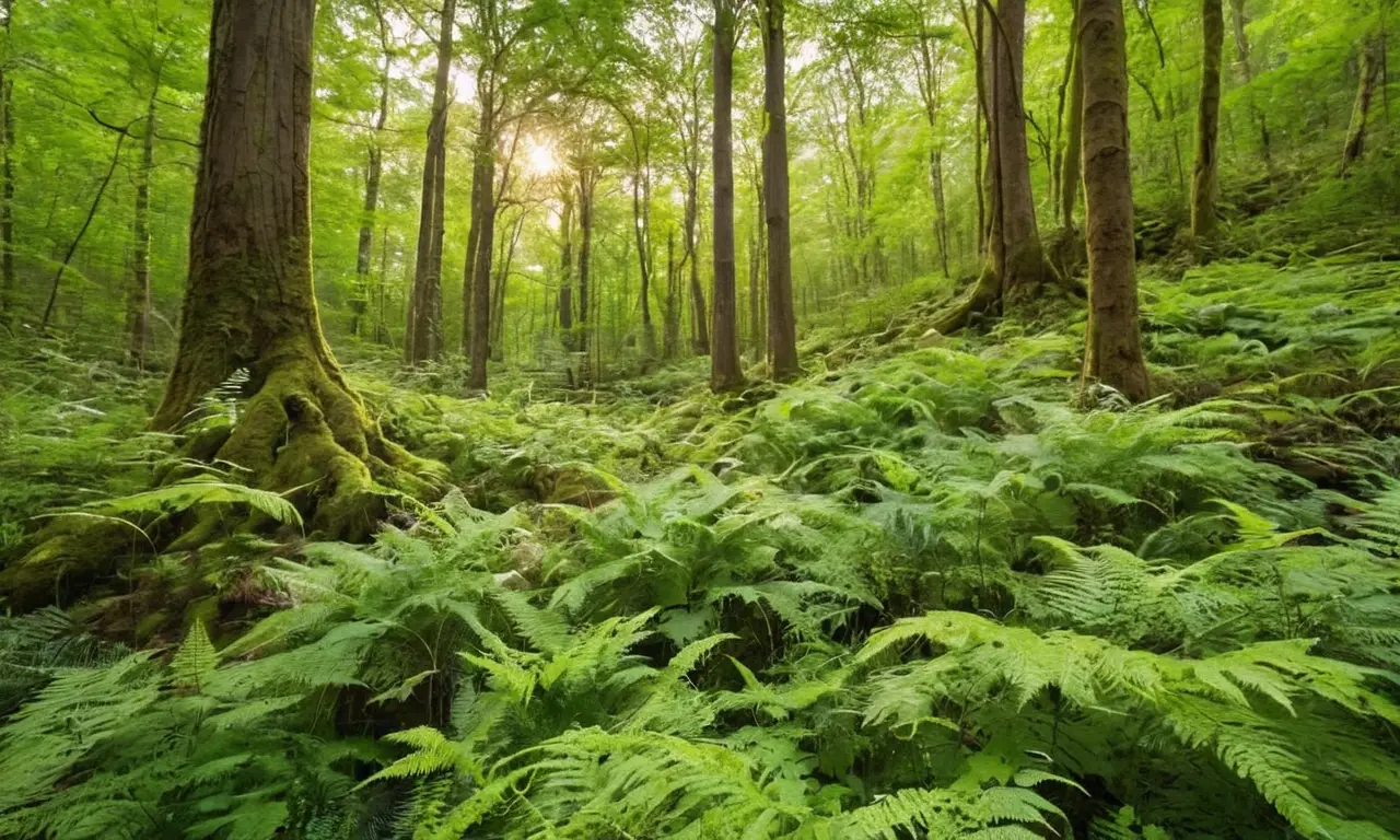 Bosque vibrante con luz, plantas y vida
