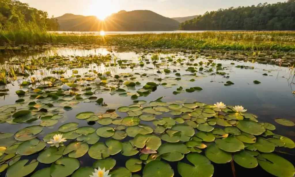 Lago sereno con lirios y naturaleza vibrante