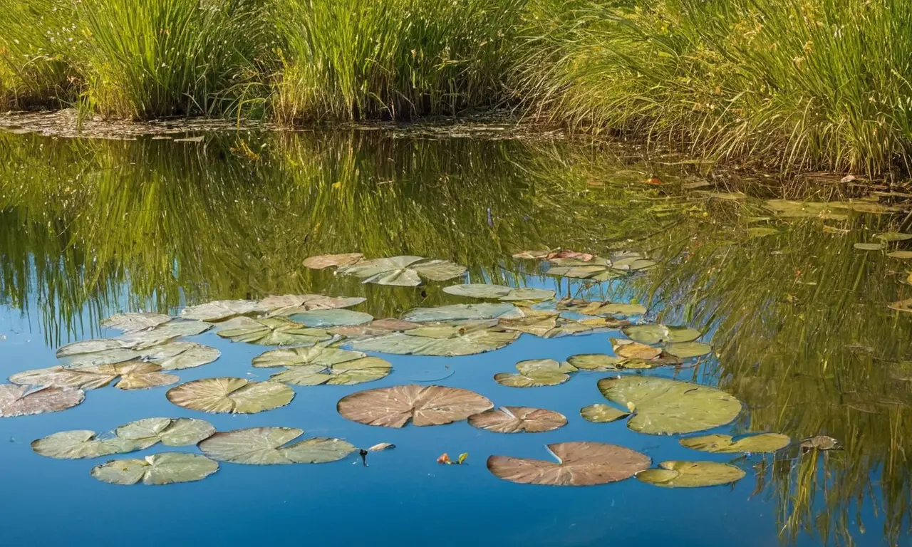 Lago sereno con vegetación y vida silvestre