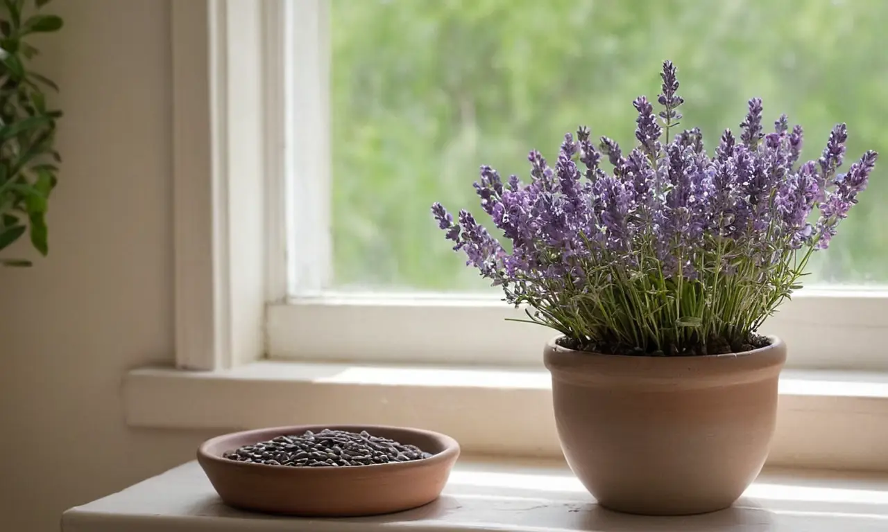 Ventana soleada con lavanda vibrante y serena