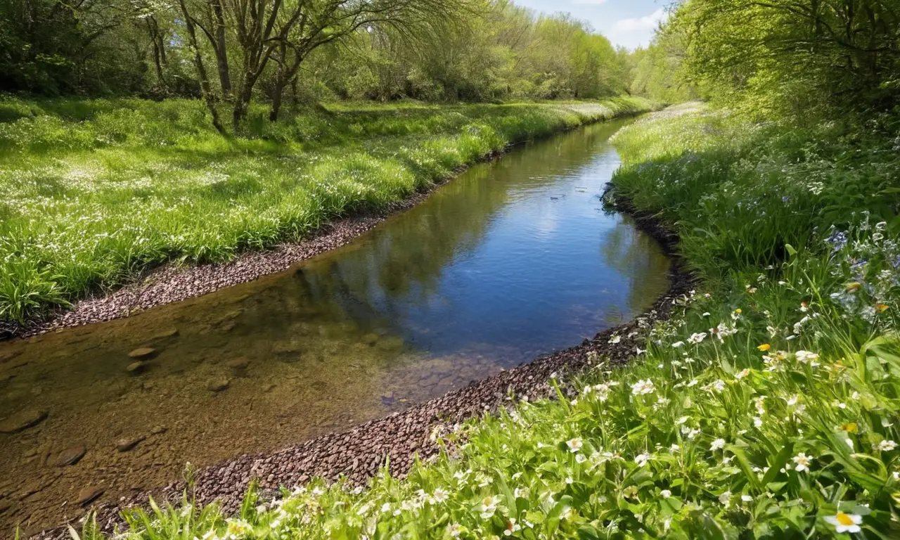 Ribera tranquila con vida natural vibrante