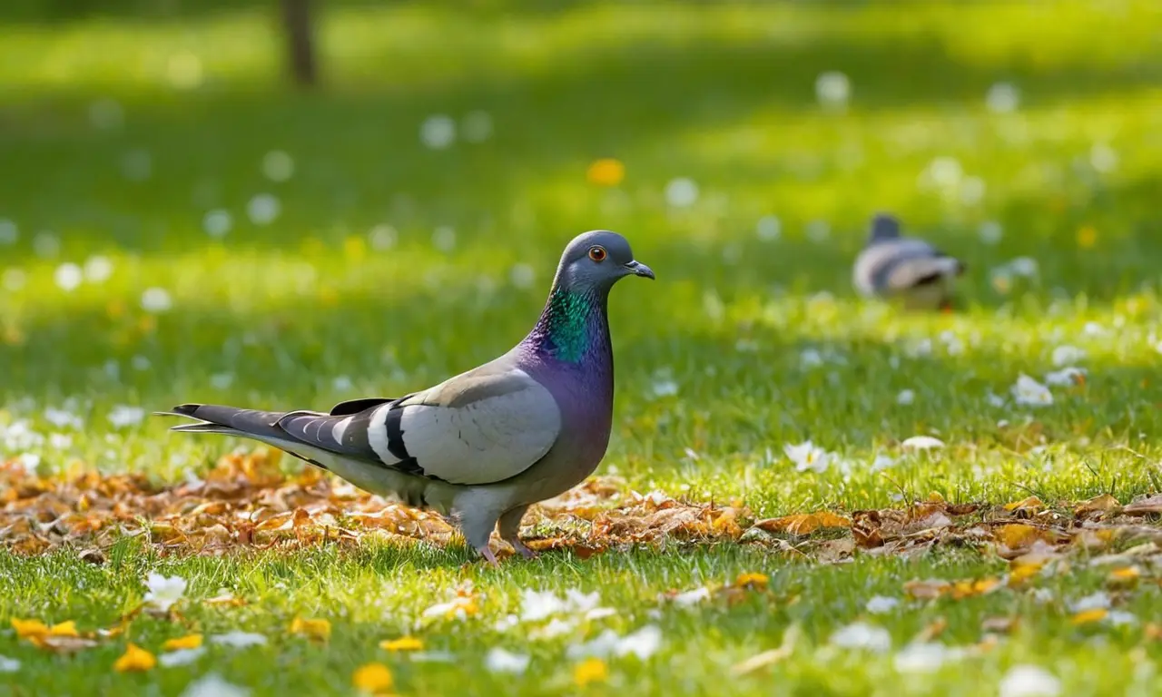Parque urbano vibrante con palomas y flores