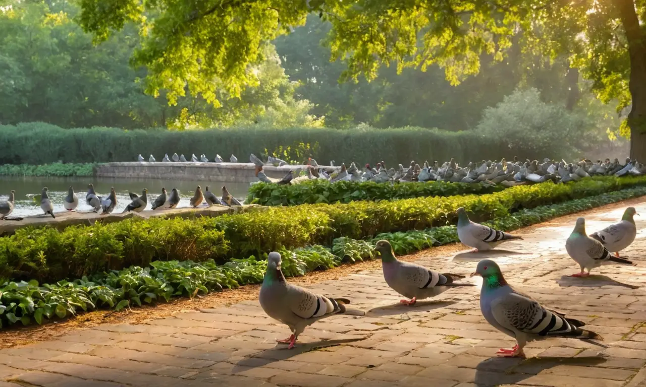 Pájaros en parque urbano iluminado por sol