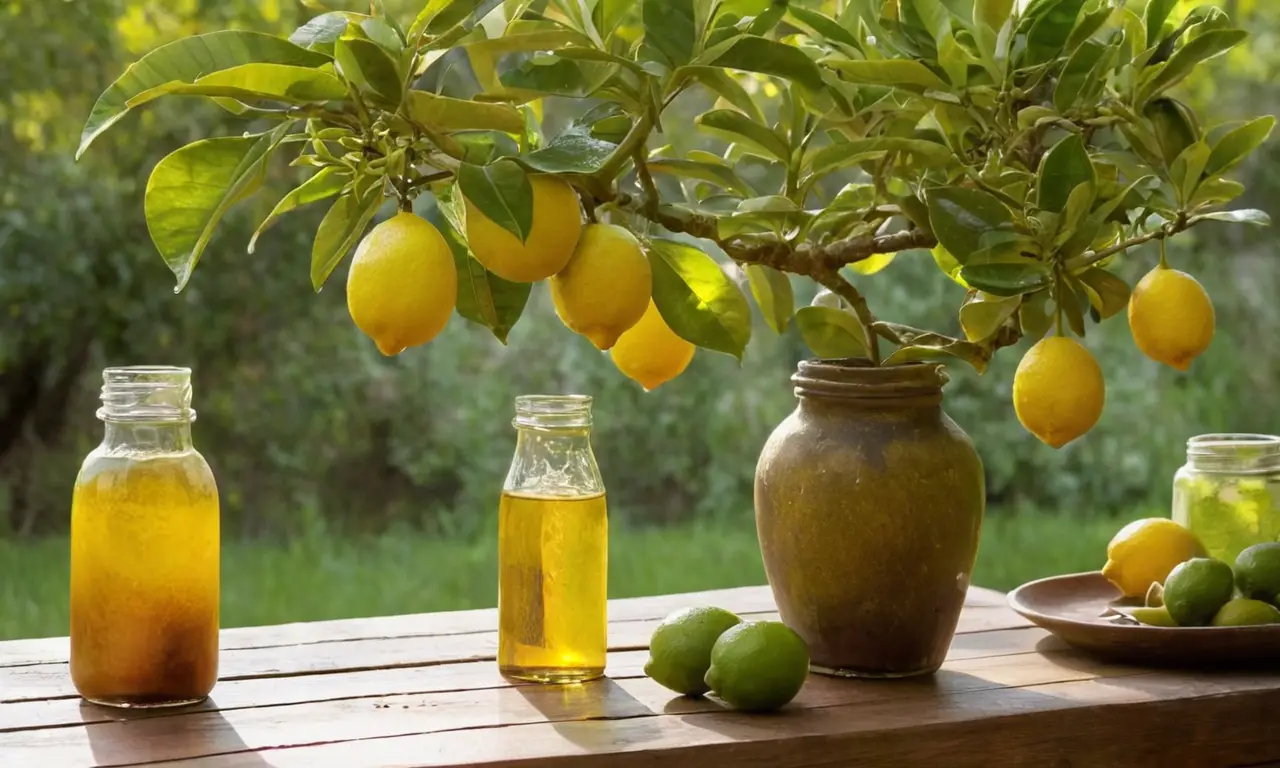 Jardín soleado con limonero y detalles vívidos