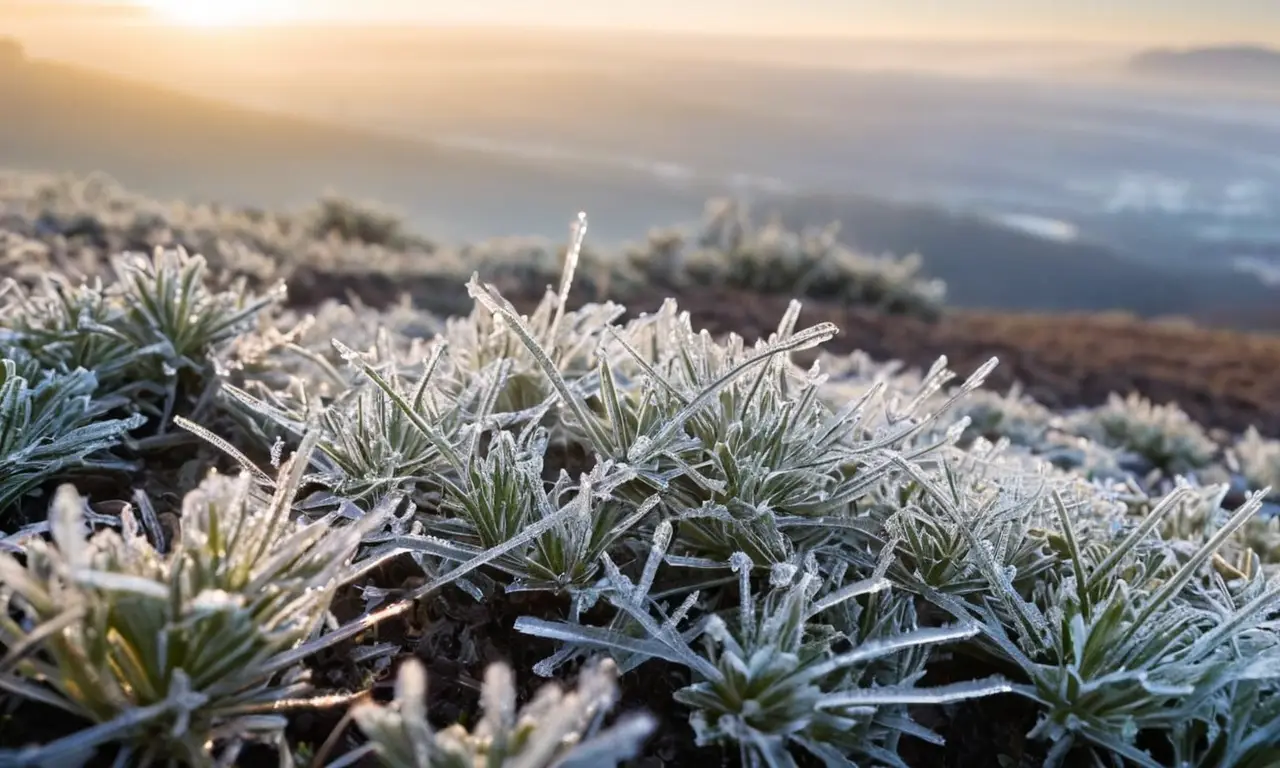 Cristales de hielo brillan en un paisaje helado
