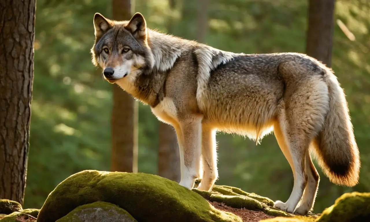 Lobo gris majestuoso en paisaje salvaje
