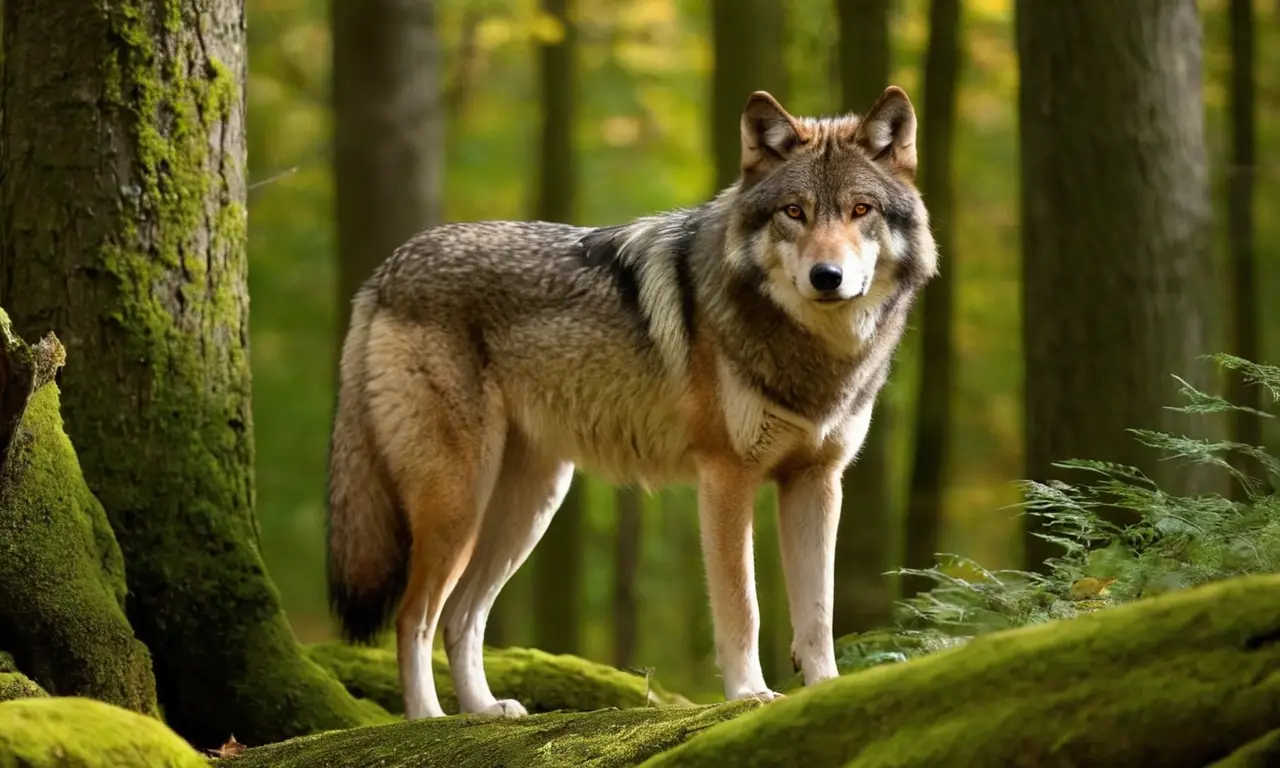 Lobo europeo en un bosque denso y sereno