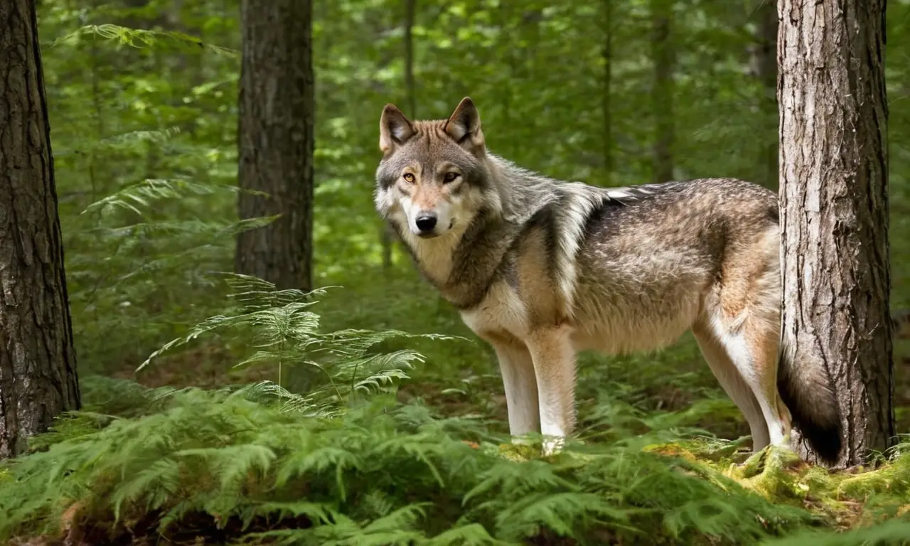 Un lobo solitario en un bosque denso