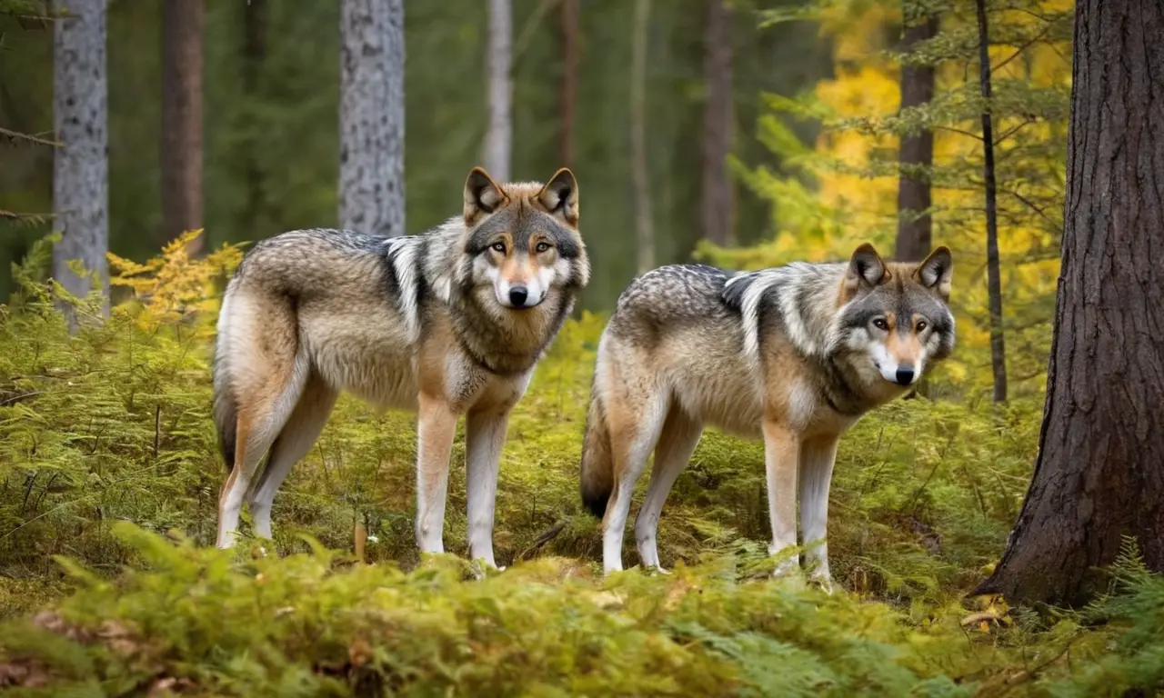 Escena de bosque con lobos en calma