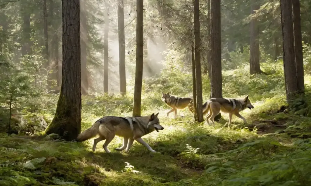 Lobos se mueven en un bosque denso