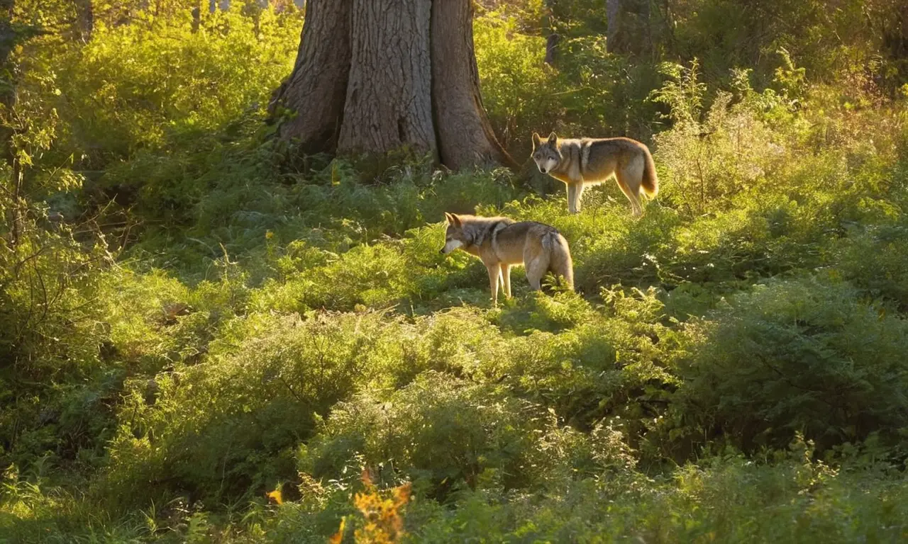 Clearing del bosque con lobos juguetones