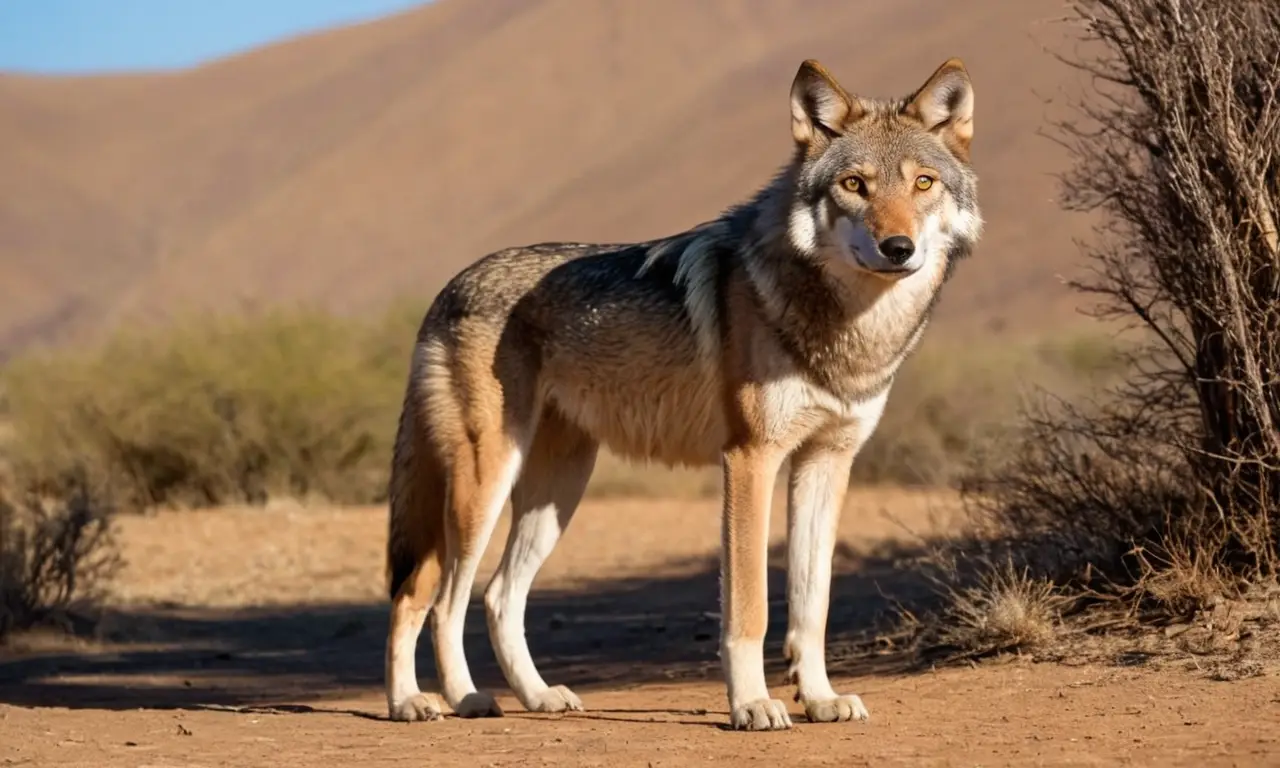 Lobo indio alerta en paisaje árido y soleado
