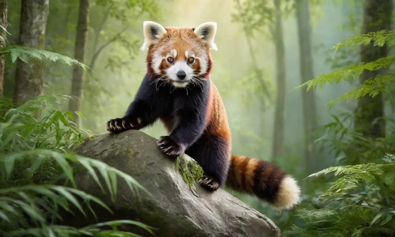 Panda rojo y leopardo en bosque sereno