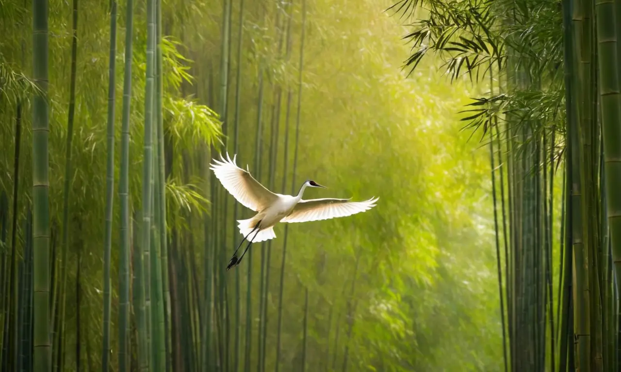 Bamboo y grúa crean un paisaje sereno