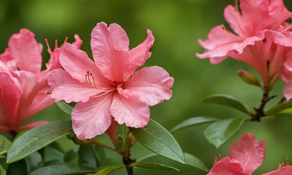 Azaleas rosas crean un sereno jardín